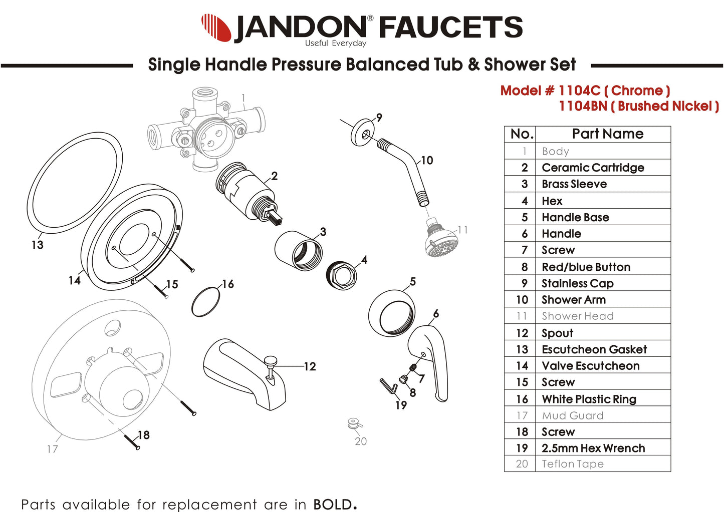 1104 • Single Handle Pressure Balanced Tub & Shower Set