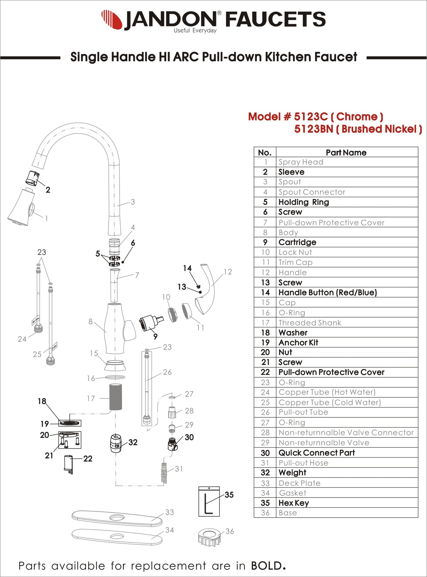 5123 • Single Handle HI ARC Pull-down Kitchen Faucet