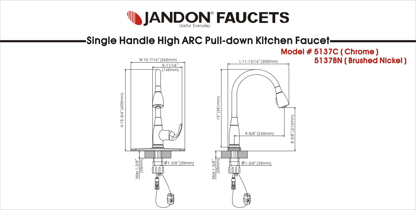 5137 • Single Handle HI ARC Pull-down Kitchen Faucet