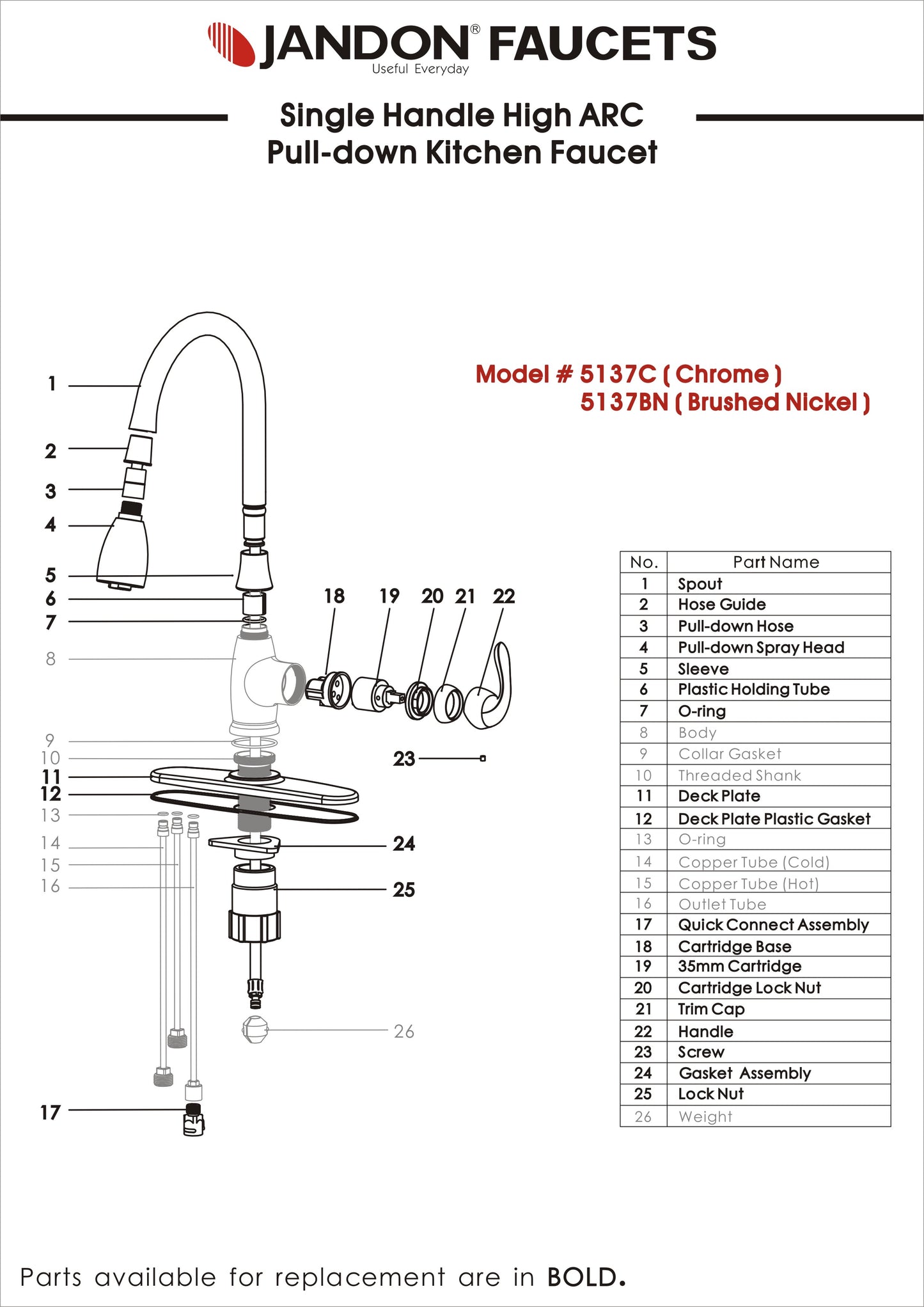 5137 • Single Handle HI ARC Pull-down Kitchen Faucet