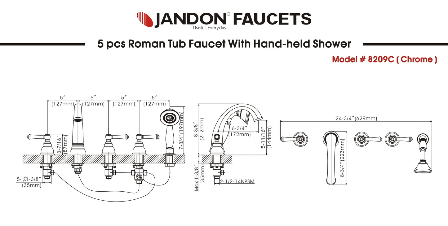8209 • 5pcs Roman Tub Faucet With Hand-held Shower