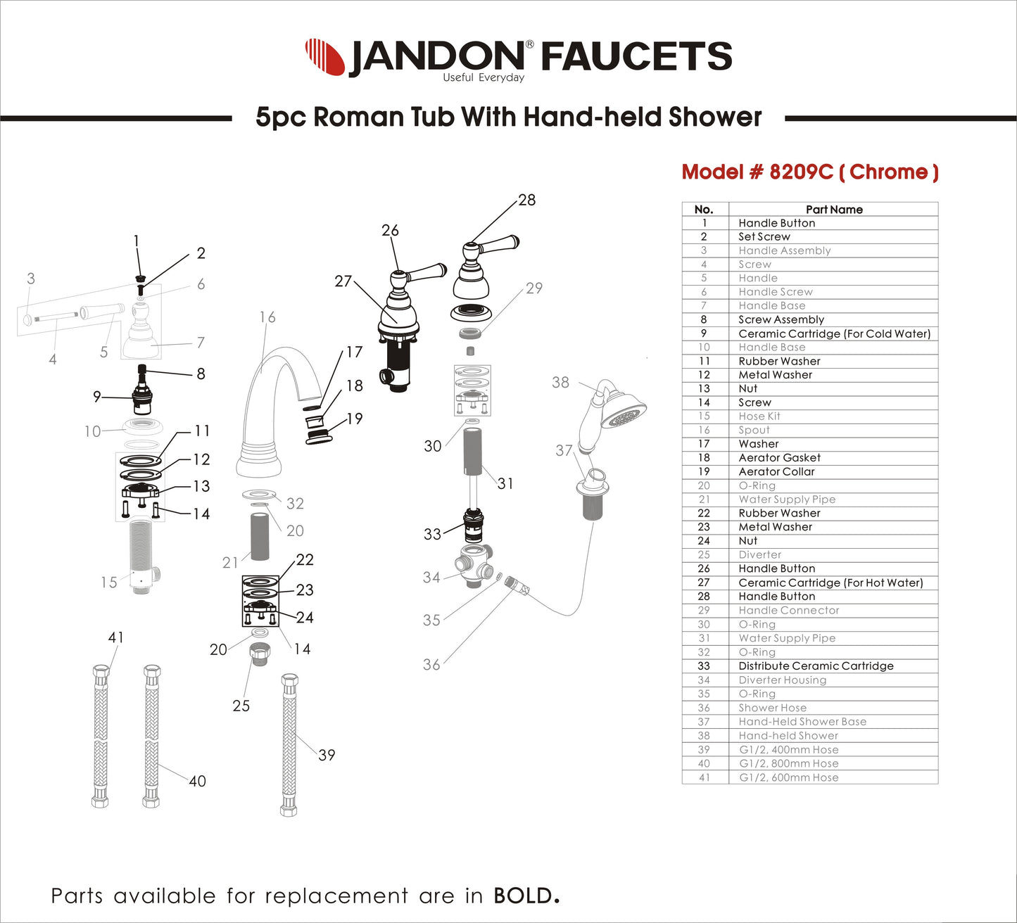 8209 • 5pcs Roman Tub Faucet With Hand-held Shower