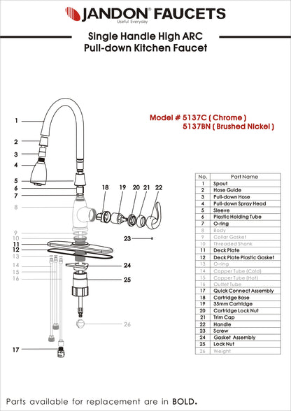 5137 • Single Handle HI ARC Pull-down Kitchen Faucet