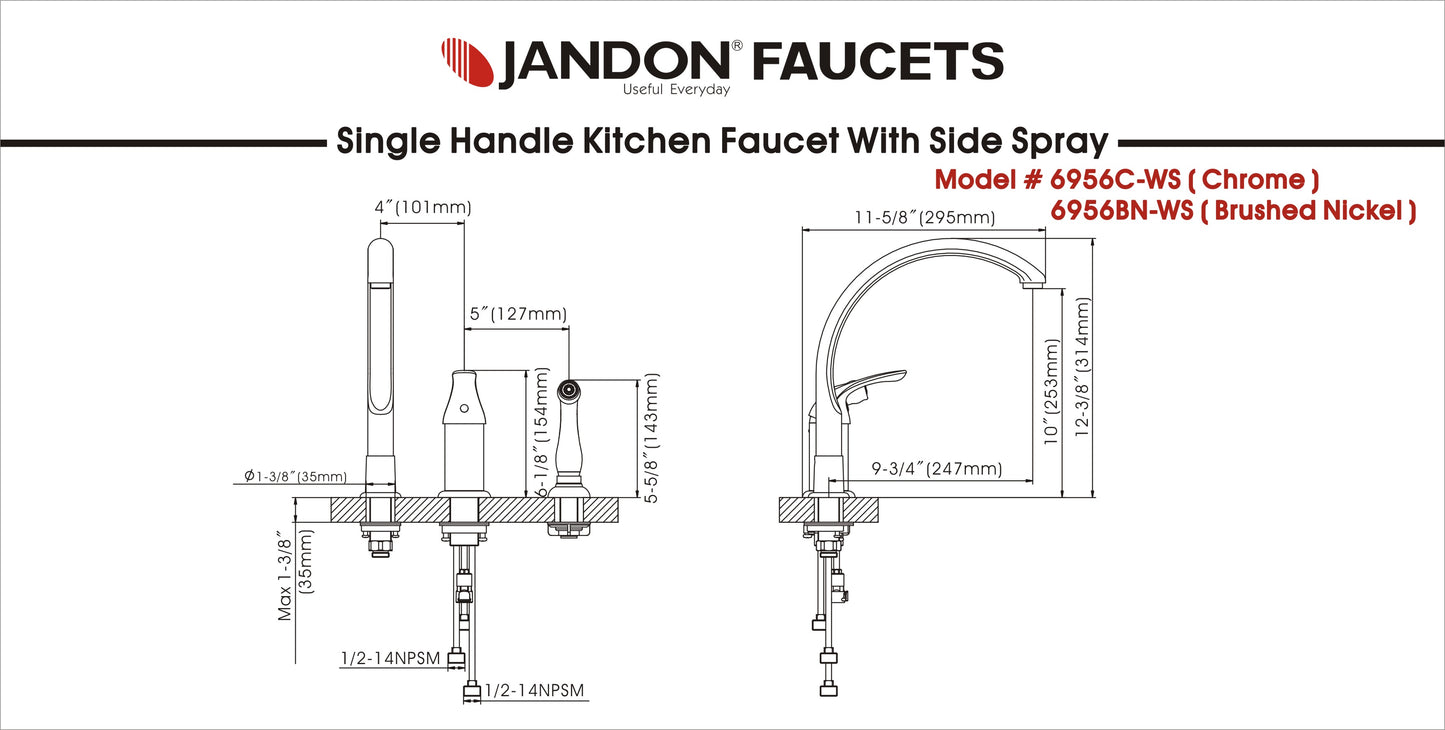 6956-WS • Single Handle Kitchen Faucet with Side Spray